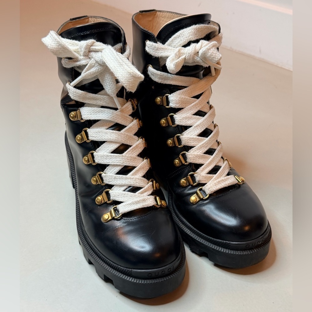 Gucci Black Leather Combat Ankle Boots | White Laces | Gold Accents | Size 7 - Picture 3 of 17